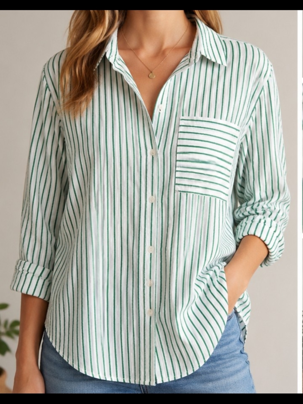 LOFT Green White Striped Button Down Shirt XS 100% Cotton Oversized Blouse